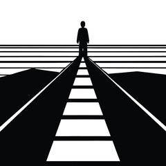 Silhouette of a businessman walking on a wooden path toward light and success
