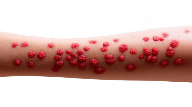 Skin infection presenting multiple red bumps caused by molluscum contagiosum virus, isolated on transparent background, ideal for medical and healthcare publications