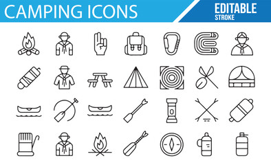 Editable vector icons of tents, backpacks, and outdoor gear