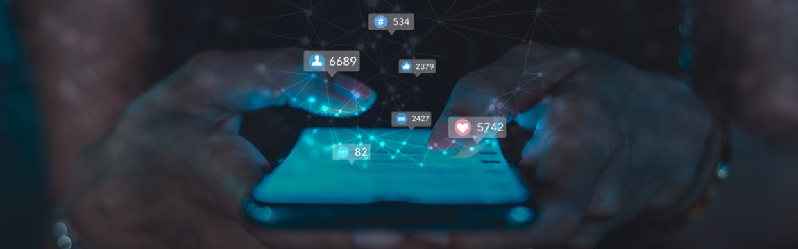 business woman using smartphone ,icons social media fly over showing people engagement connection through social network application platform,Concept viral video and social media marketing - Powered by Adobe