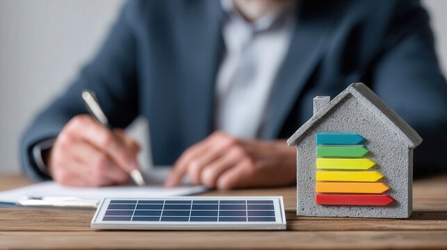 Businessman analyzes energy performance label beside house model and solar panel, highlighting sustainable real estate and renewable energy concepts.