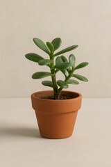 Obraz premium A single jade plant stands in a terracotta pot. The green succulent plant has rounded leaves and a single stem