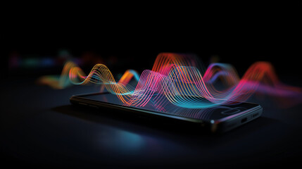 Modern smartphone displaying colorful wave data visualization on screen.
