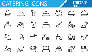 A collection of vector icons representing various catering items such as food, drinks, and utensils, ideal for restaurant, food service, and catering-related design projects.