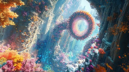Vibrant, Otherworldly Canyon with Floral Archway