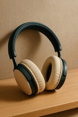 An image features stylish over-ear headphones, likely for music enjoyment, placed on a wooden surface. The headphones have a modern design