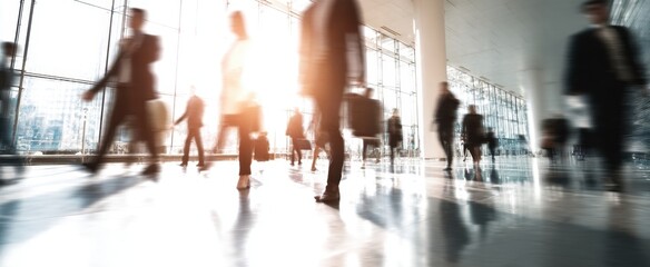 The busy office environment with professionals moving through a bright hallway.