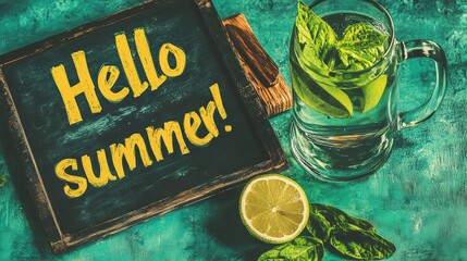A chalkboard with "Hello summer!" written on it, accompanied by a glass of lemonade and lemon slices. The refreshing scene welcomes the summer season with a cheerful vibe.