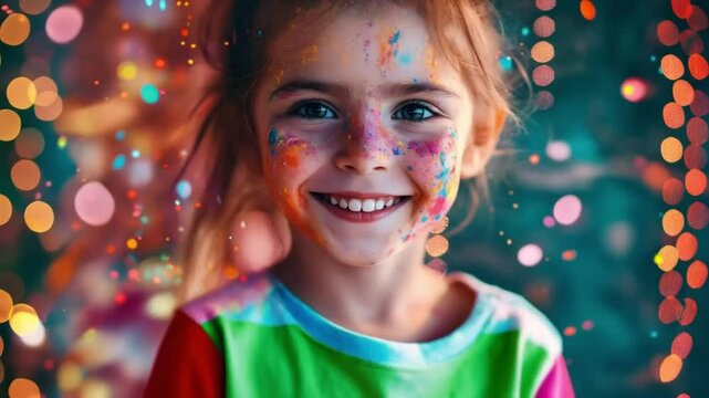 Smiling Girl with Paint on Face Amid Colorful Festive Lights


