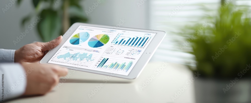 Aufkleber the tablet displaying detailed business analytics and performance charts in a modern office setting.