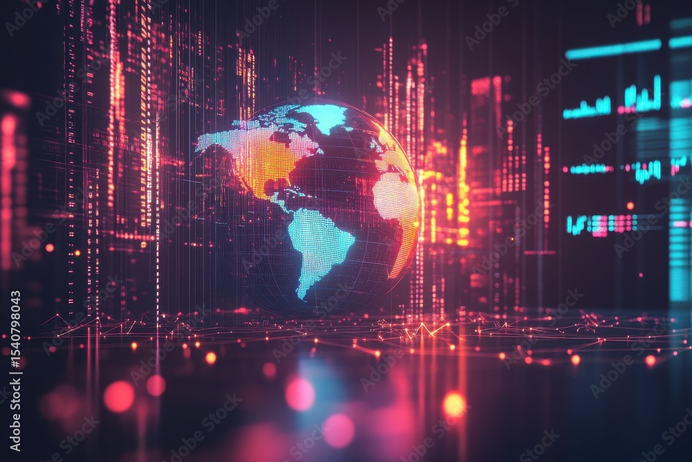 Poster digital globe surrounded by glowing data streams and interactive graphics in a futuristic environmen