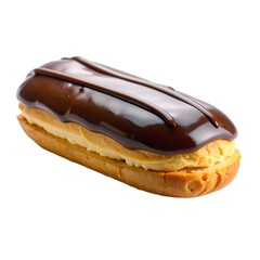 Delectable chocolate-glazed ?clair filled with luscious cream delights the palate on transparent background