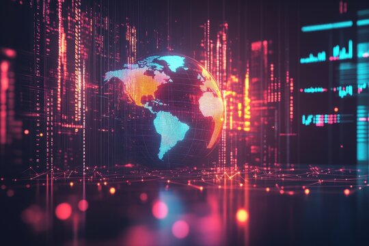 Digital globe surrounded by glowing data streams and interactive graphics in a futuristic environment, globe and digital data processing over glowing spots on dark background