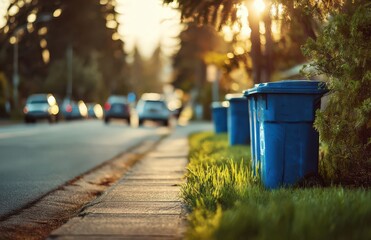 Naklejka premium A row of blue garbage cans lines a suburban sidewalk, with sunlight filtering through trees and cars passing by, creating a vibrant urban scene with a blurred background.