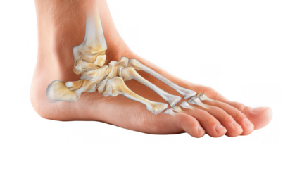 Medical illustration showing bunion forming on foot, highlighting the underlying bone structure and ligaments, isolated on transparent background, ideal for educational or medical publications
