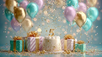 Hbd 5th celebration happy birthday cake and balloons at a party venue