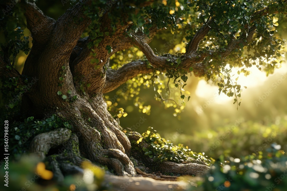 Poster realistic depiction of a growing tree surrounded by sunlight filtering through lush foliage, growing