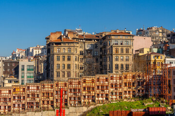 Construction site in a residential area. Urban transformation and new buildings at Taksim Istanbu