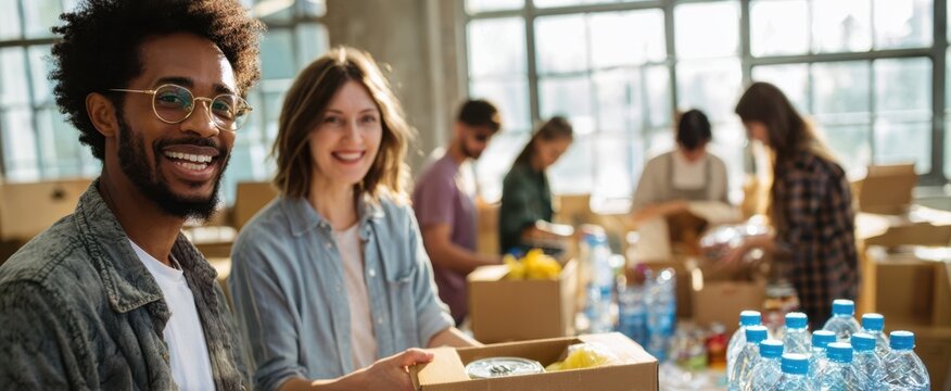 The joyful volunteers packing supplies in a community service project. - Powered by Adobe