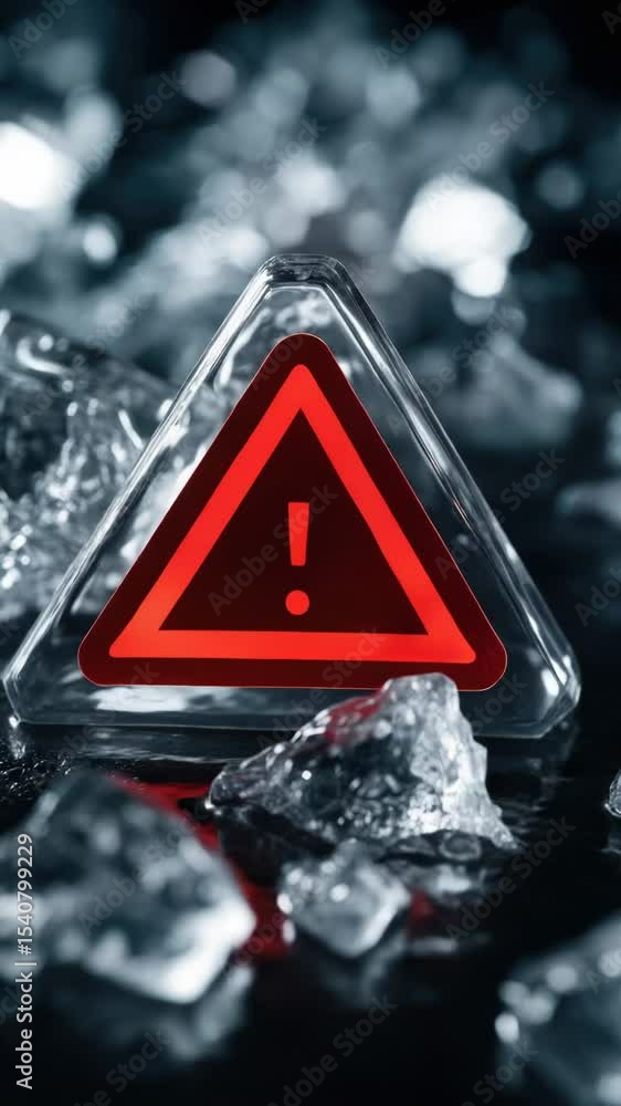 Poster a red triangular sign sits atop a pile of ice, providing a beacon of guidance in this winter scene