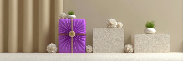 Elegant purple gift box with gold ribbon and white floral decorations on minimalist display