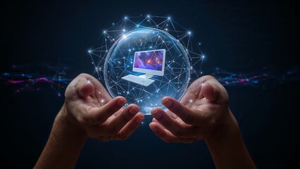 Hands holding a computer inside a bubble with a network of connections in a dark background