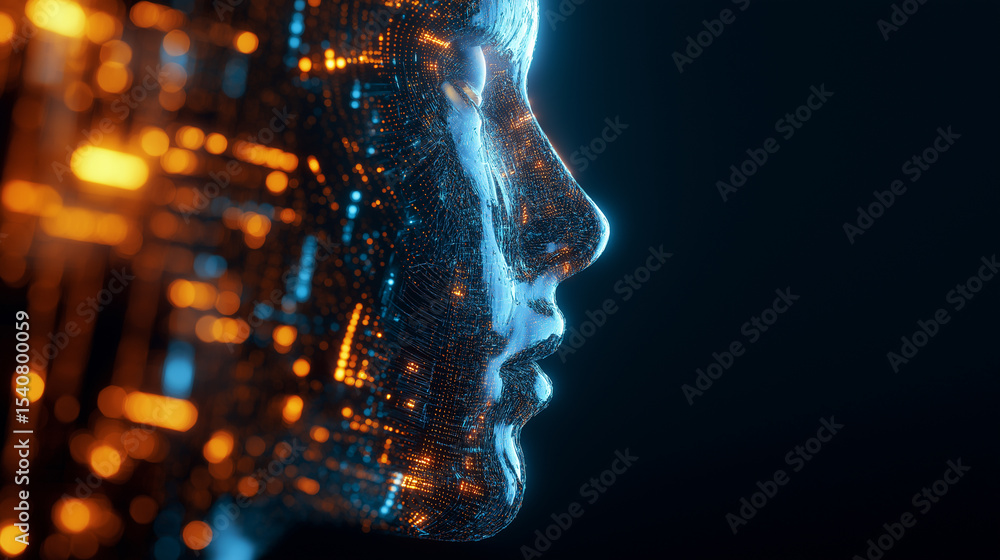 Poster abstract digital human face in profile made of glowing particles and data fragments.