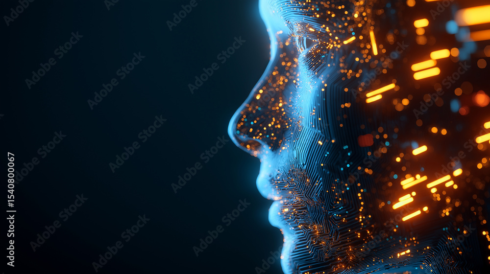 Poster abstract digital human face in profile made of glowing particles and data fragments.