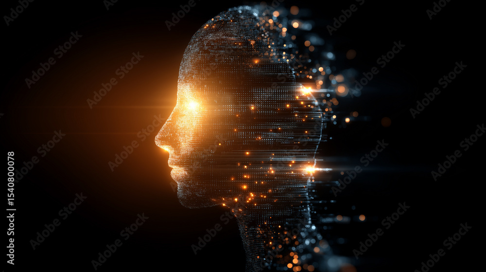 Aufkleber futuristic digital head in profile emitting light rays and data particles.