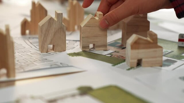 Architect and engineer discuss about building blueprint on table with architectural document, measurement tools scatter around at office, use wooden block for house positioning. Closeup. Delineation.