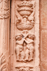 Architectural details of Portal of plateresque style St. Andrew's church in Villanueva de Los...