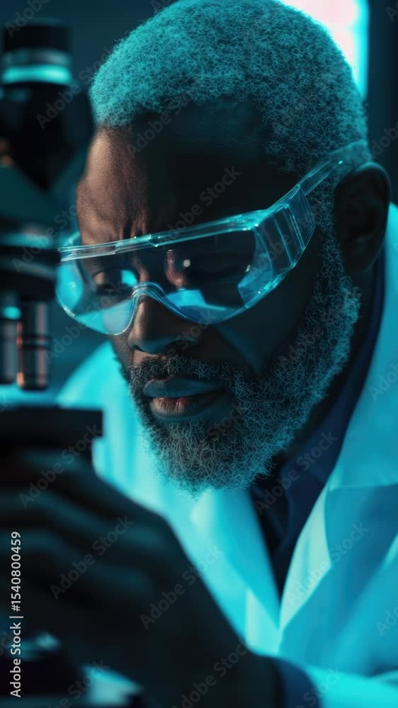 Poster A scientist studying samples under microscope for research purposes, possibly in a laboratory setting