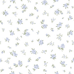 Seamless floral pattern of cute small tiny blue rose flowers with green leaves on white background, simple vintage ditsy draw style. Vector botanical illustration for textile, fabric print, design © Таисия Юхимец
