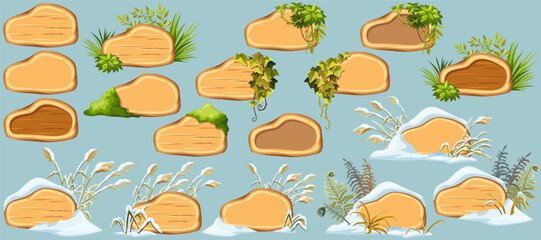 Cartoon game panels with swamp moss, forest lichen, liana branches, jungle leaves, ivy. Marsh reed under snow. Swamp cattails, fern winter. Broken weed and snowdrifts. Vector signboards, frames.