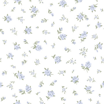 Seamless floral pattern of cute small tiny blue rose flowers with green leaves on white background, simple vintage ditsy draw style. Vector botanical illustration for textile, fabric print, design