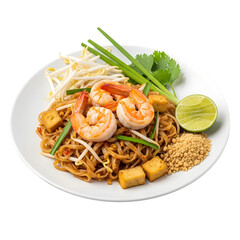 A delicious plate of authentic Thai stir-fry Pad Thai noodles with shrimp on isolated transparent background, for Asian food marketing.