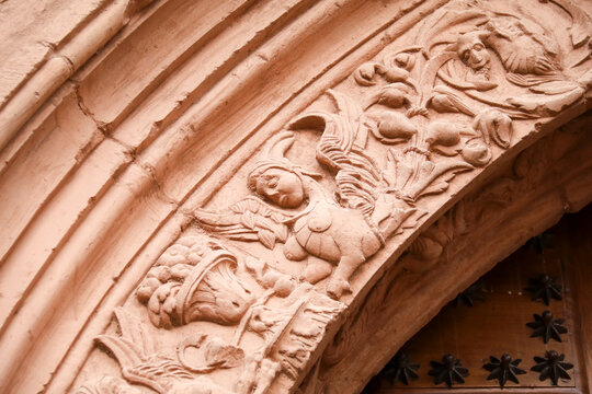 Architectural details of Portal of plateresque style St. Andrew's church in Villanueva de Los Infantes town