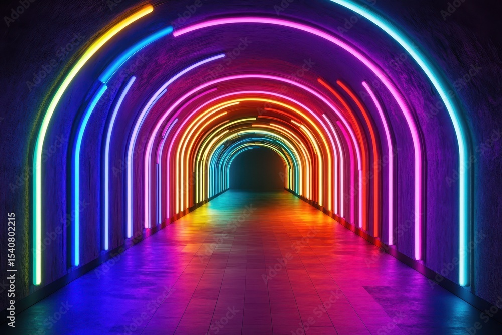 Aufkleber Endless abstract futuristic tunnel with vibrant neon colors creating an immersive optical experience, 4K Endless abstract futuristic tunnel with multicolored neon lights background