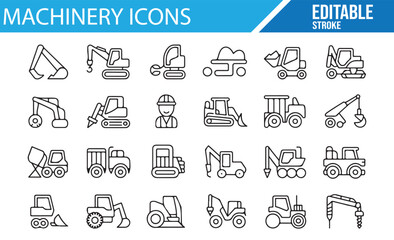 Heavy machinery and vehicle icons for construction designs