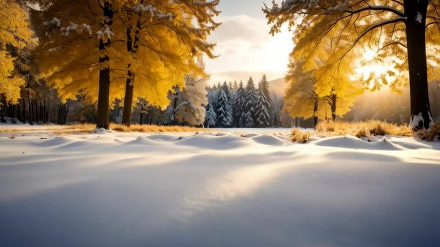 Scenic winter landscape with golden deciduous trees and snowy evergreen forest under a bright sky