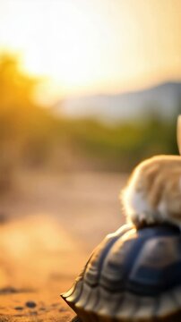 Rabbit riding a tortoise walking in the sun. Small fluffy bunny sits on the turtle shell, moving across sandy ground during golden hour, outdoors.