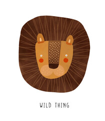 Wild Thing. Funny Hand Drawn Lion On a White Background. Head Of Wild Cat. Safari Print Ideal For Wall Art, Poster, Kids' Room Decoration. Vector Illustrations Of Cute Dreamy Lion.