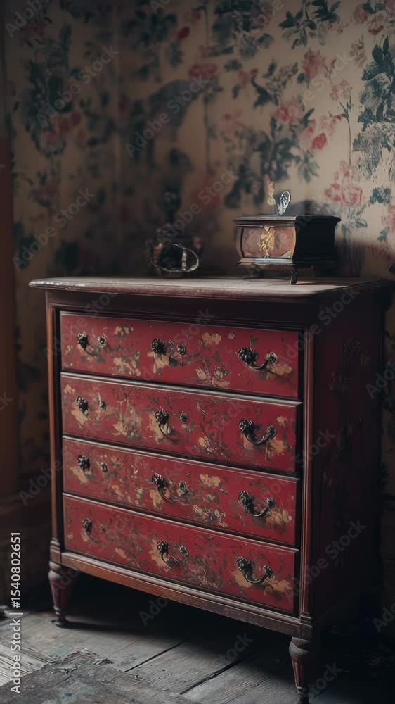 Poster a classic wooden chest of drawers with a clock on top, perfect for adding a touch of nostalgia to an