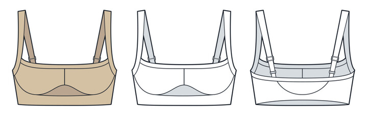 Women Sports Bra with adjustable straps technical fashion illustration. Crop Top fashion flat technical drawing template, slim fit, front and back view, white, beige, womenCAD mockup.