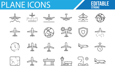 Set of airplane icons featuring various designs, including airplane types, airport symbols, flight schedules, and aviation-related elements in line art style.