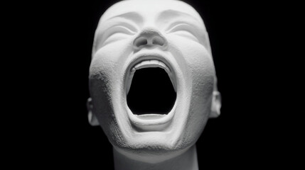 White plaster head screaming against a black background art.