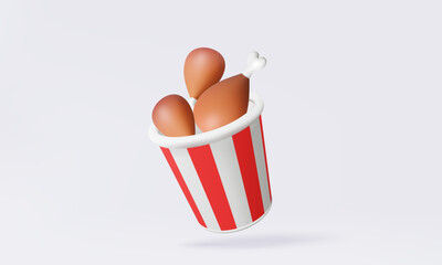 Mockup red white paper box with fried chicken leg isolated on pastel background. Package bucket drumstick fastfood product design. 3d vector icon illustration.