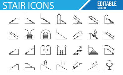 Obraz premium Flat icons for stairs and elevators showing various designs and functional icons for building projects.