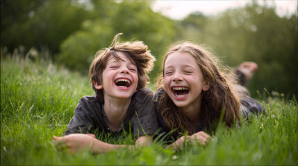 Fototapeta premium Joyful Laughter in the Grass: Two kids boy and girl, radiating happiness, sharing laughter while lying on lush green grass, enjoying a sunny day, creating a perfect moment of childhood bliss.