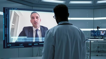 Scientist or doctor talking to holographic colleague in futuristic medical facility - technology communication in research environment - Powered by Adobe